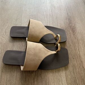 billini antonella tan taupe square toe gold ring detail thong summer sandals 8